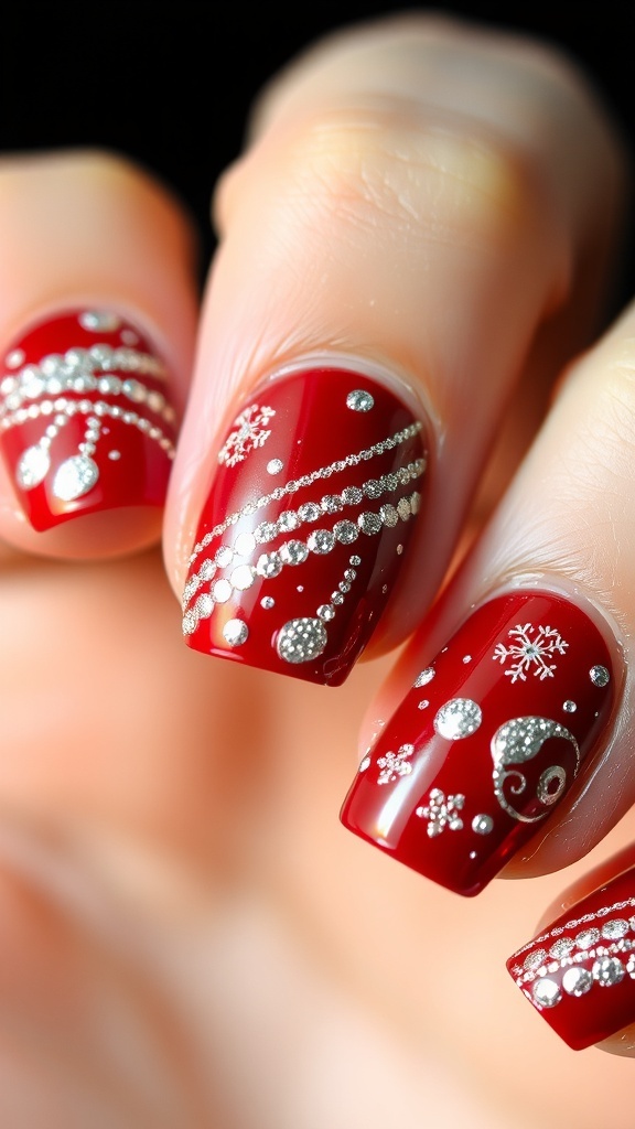 Elegant red and silver Christmas nail art with glossy finish and festive designs.